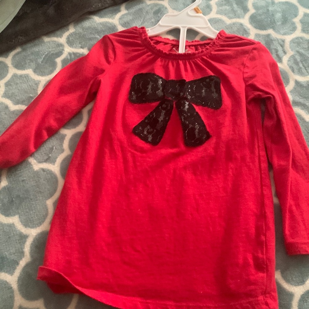 Size 4T Jumping Beans red shirt with a lace black bow on the front